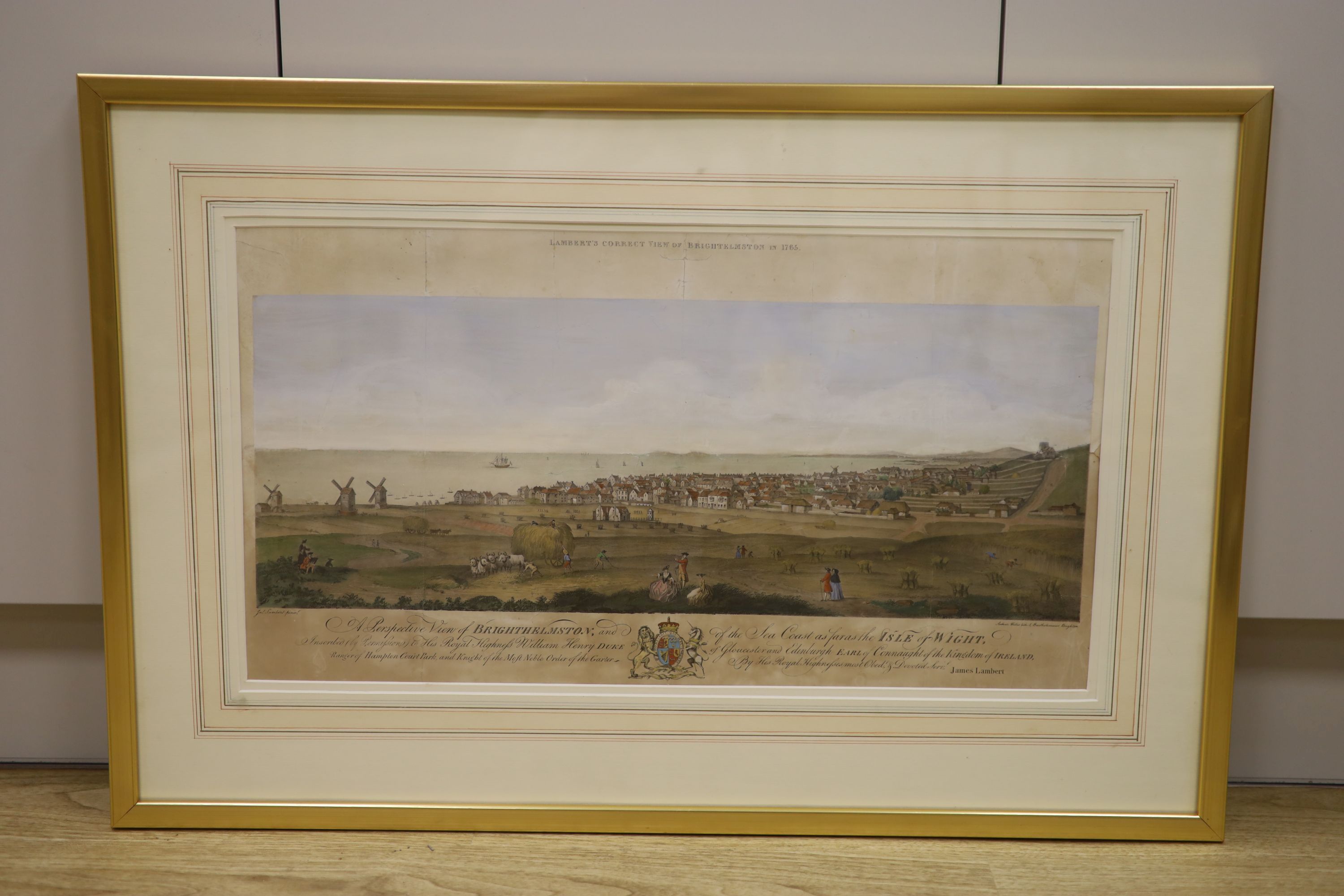 After James Lambert (1725-1788), coloured lithograph, 'A Perspective View of Brighthelmston, and of the Sea Coast as far as the Isle o